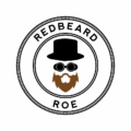 Redbeard Roe logo with red beard, goggles, and top hat forming a stylized face inside concentric circles