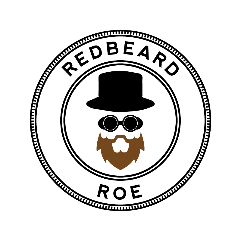 Redbeard Roe logo with red beard, goggles, and top hat forming a stylized face inside concentric circles